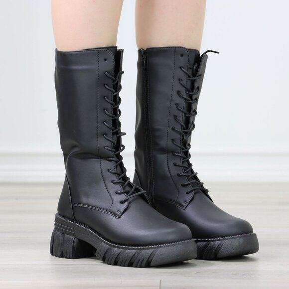 Womens Combat Boots Lace Up Chunky Lugged Sole Mid Calf Faux Leather - Picture 1 of 13